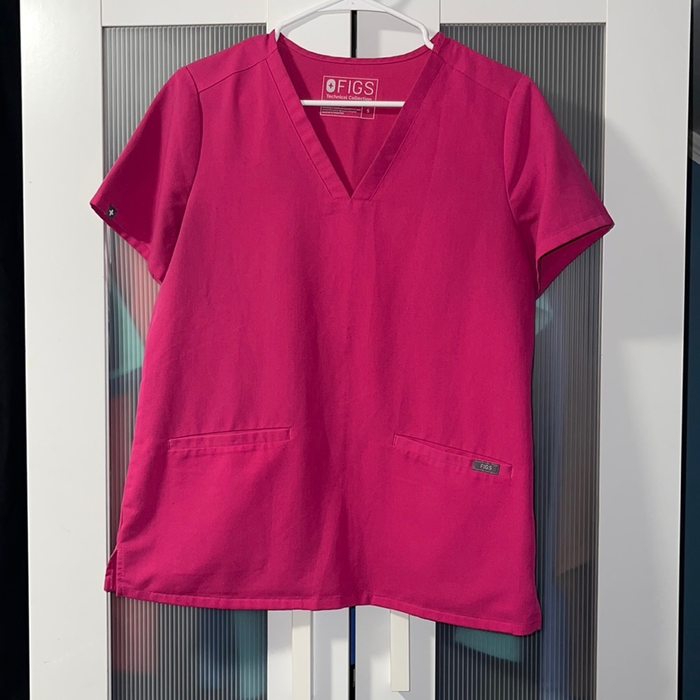Figs Hot Pink three pocket scrub top, color no longer available on Figs website